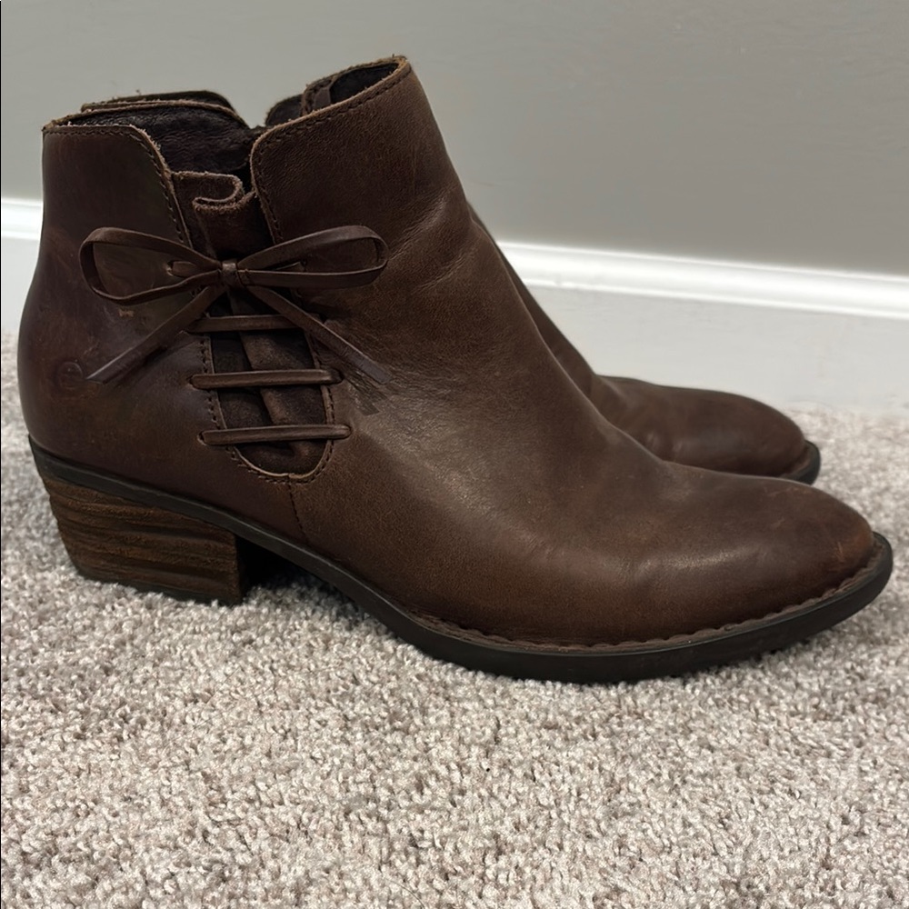 Born Chocolate Brown Leather Ankle Booties with Side Bow Detail